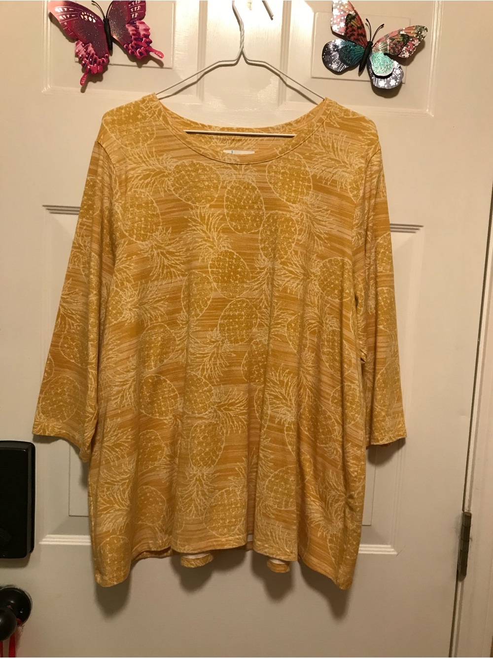 Women's Yellow Pineapple Print Long Sleeve Top by D & Co - Size XL